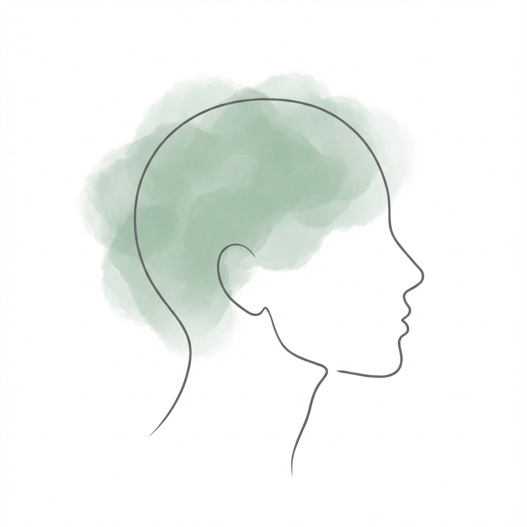 Sanfte Illustration: Kopf-Profil mit Symbolik für Entlastung