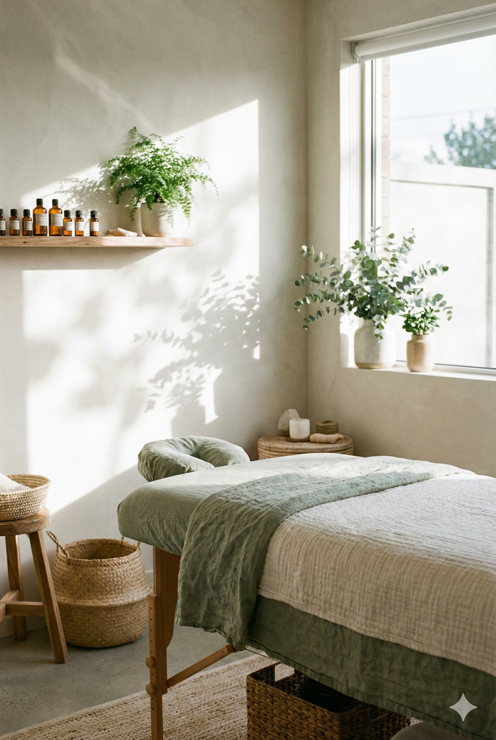 Einladender, sonnendurchfluteter Behandlungsraum der Gesundheitspraxis Johe in Tübingen, vorbereitet für eine Massage oder Craniosacral-Therapie.